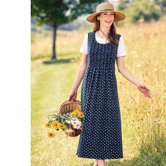 The Vermont Country Store Navy Blue Floral Knit Jumper Dress Sleeveless S - Picture 1 of 6